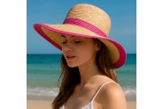 Wide Brim Paper Straw Hat w/ Color Band & Trim - Fuchsia - HT-6039FS